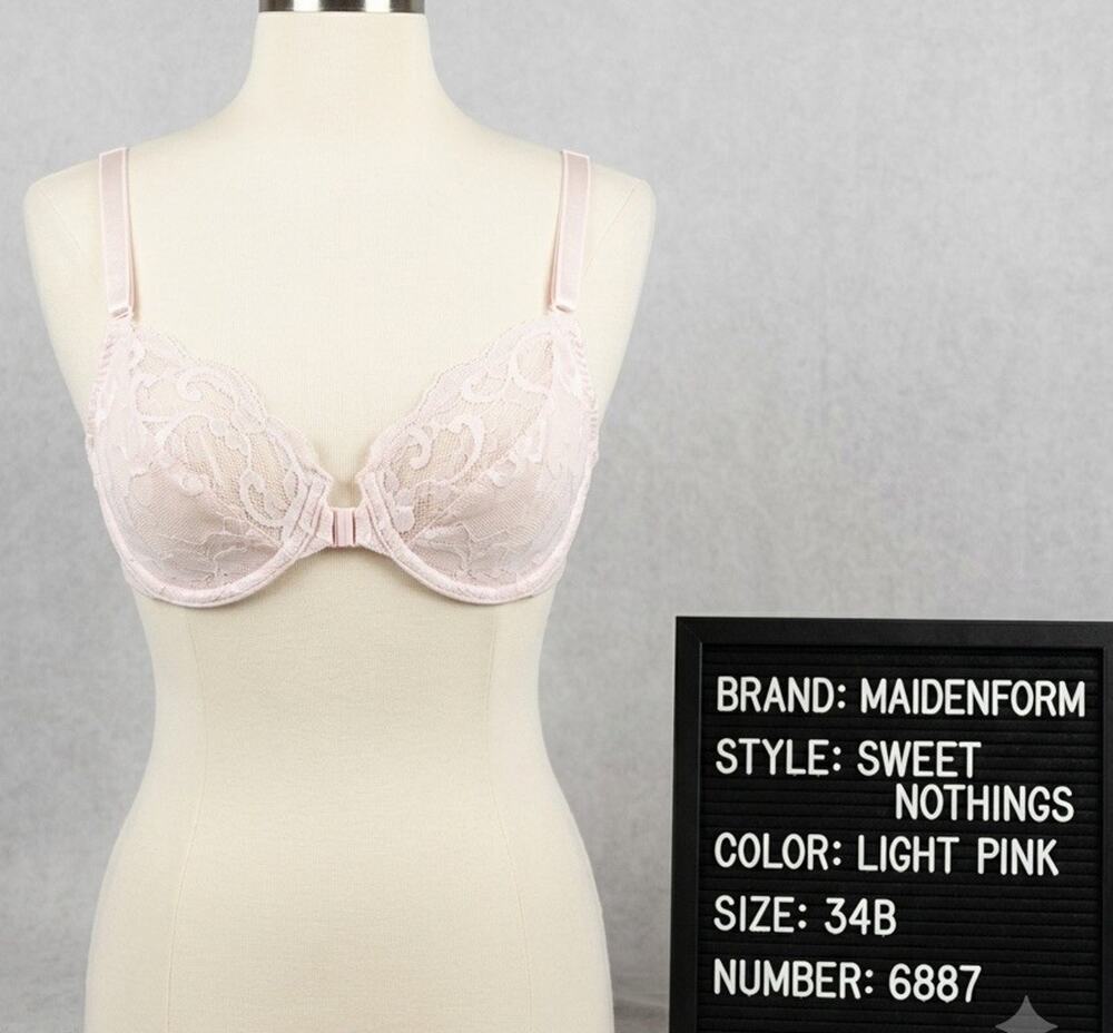 Vintage Maidenform Sweet Nothings Front Closure Lace U/W Bra 34B Light Pink 6887